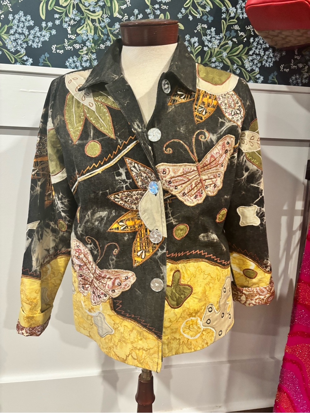 Vintage Indigo Moon Patchwork Butterfly Embroidered Jacket 100% Cotton Size L